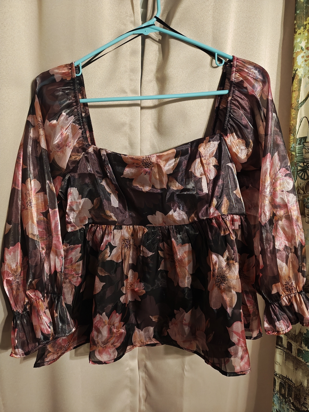 Sheer Floral Peplum Blouse in Pink and Black